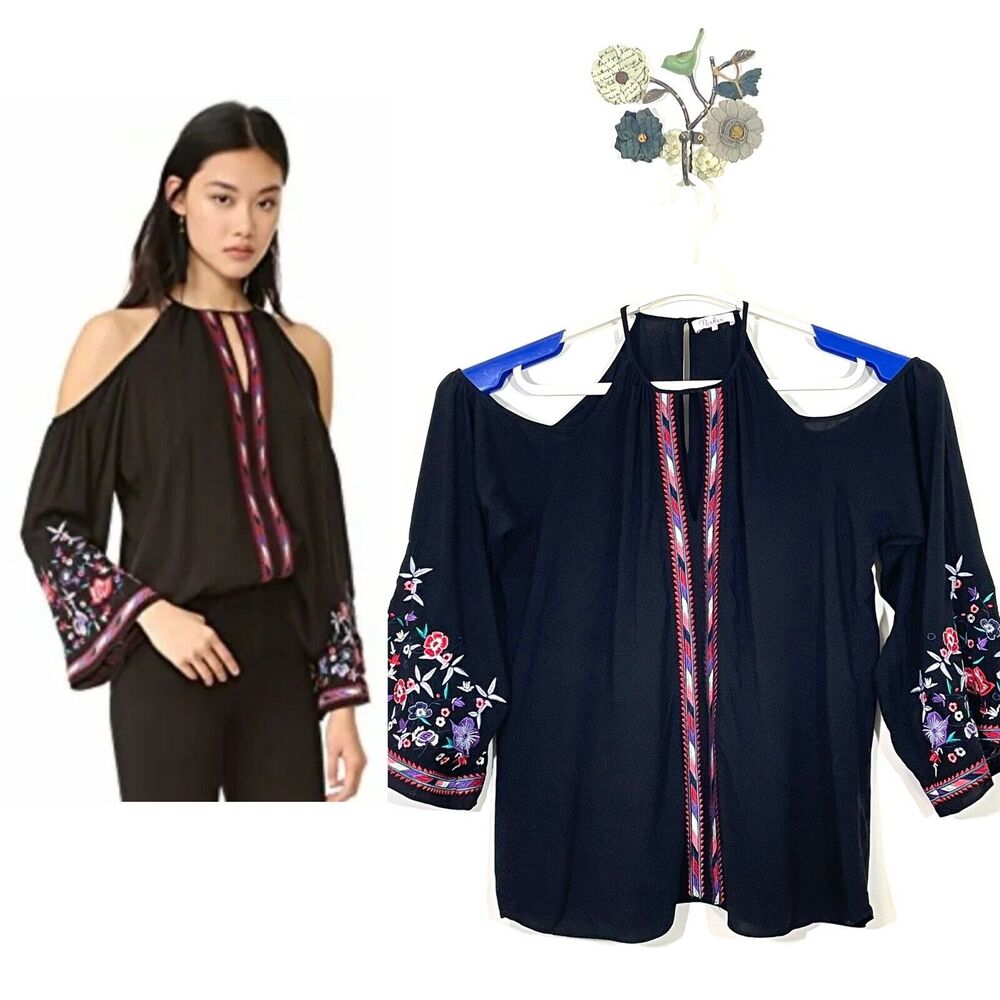 Parker Adelise Embroidered Blouse Cold Shoulder Halter Bell Sleeve Women Small